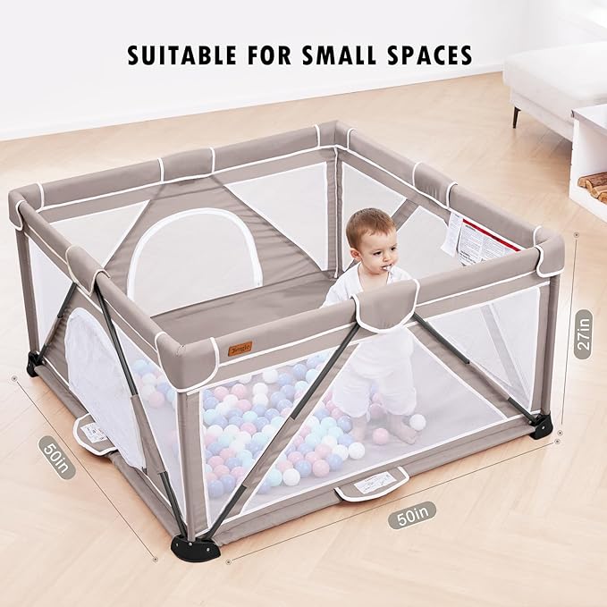 Baby Playpen Foldable, Playard for Babies and Toddlers, Portable Playpen Activity Center with 50 Balls+2 Handles for Travel, Indoor & Outdoor Play Pen with Mesh 50''x50''-CubbioJoy