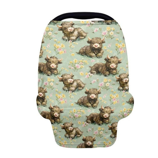 Binienty Highland Cow Baby Car Seat Cover for Boys Girls,Boho Floral Infant Carseat Cover Multi Use Baby Nursing Cover, Shopping Cart/High Chair/Stroller Cover-CubbioJoy