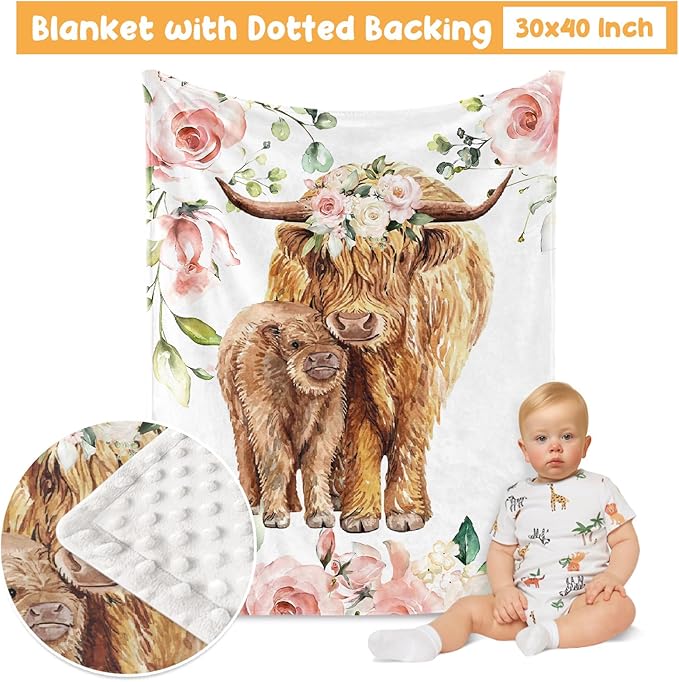 Baby Crib Bedding Set - Highland Cow Design Nursery Bed 3 Pcs Set - Chic Soft Blanket with Dotted Backing, Sheet, Pillowcase for Newborns Girls Boys Gifts Color01-CubbioJoy