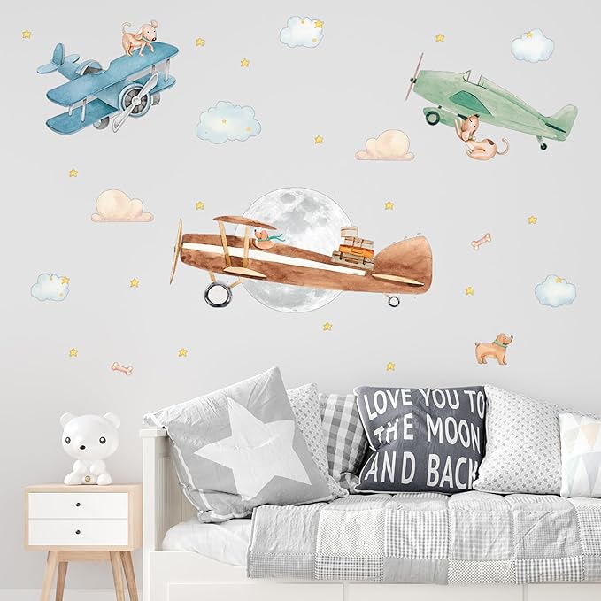 Airplane Wall Decals by Lipastick - Wall Decals for Boys Bedroom, Watercolor Vintage Plane Stickers for Kids, Boys Room, Baby Nursery, Toddler Decor - Premium Vinyl Aircraft Art-CubbioJoy