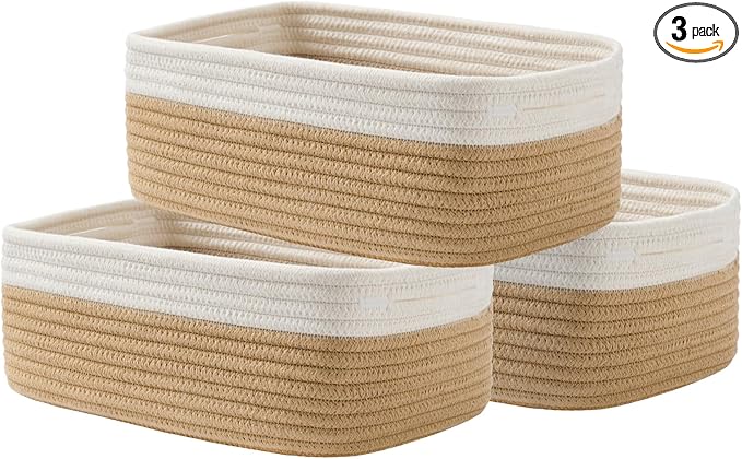 KALLAX Small Woven Basket, 12 x 8 x 4.5 Inches, Storage Basket for Organizing, Cute Small Rope Shelf Closet Cube Storage Bins Baskets for Shelves, Dog Toy Gift Baskets Empty, 3 Pack White & Brown-CubbioJoy