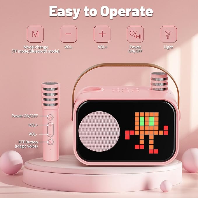 Karaoke Machine for Kids Adults, Portable Bluetooth Karaoke Speaker with 2 Wireless Microphones, Pixel Display Light, Birthday Gifts Toys for Girls & Boys Ages 3, 4, 5, 6, 7, 8, 9,10,11,12+ Years-CubbioJoy