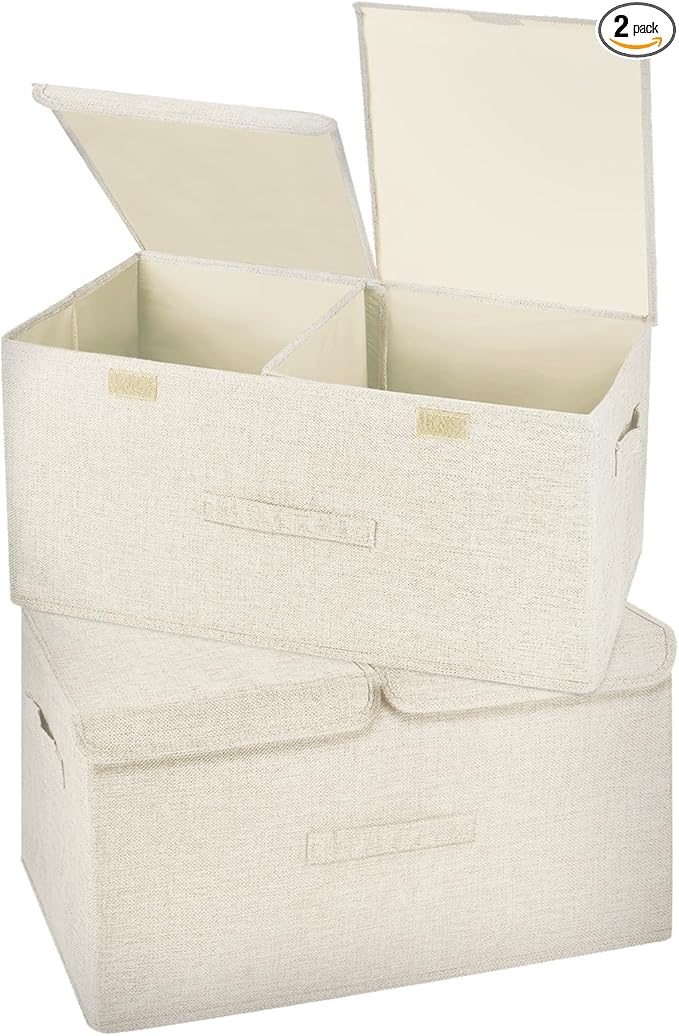 2 Pack Storage Boxes with Lids and Handles, Collapsible Linen Storage Bins Organizer Containers Baskets Cube with Removable Divider for Home Bedroom Closet Office (Cream, Large)-CubbioJoy
