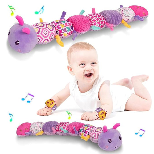 Baby Girls Toys 0-6 Month Baby Stuffed Animal Toys for 0-6 6-12 Months & A Pair of Wrist | Baby Musical Caterpillar Tummy Time Toy | Newborn Infant Sensory Toy for 1 2 Years Old Boys Girls.-CubbioJoy