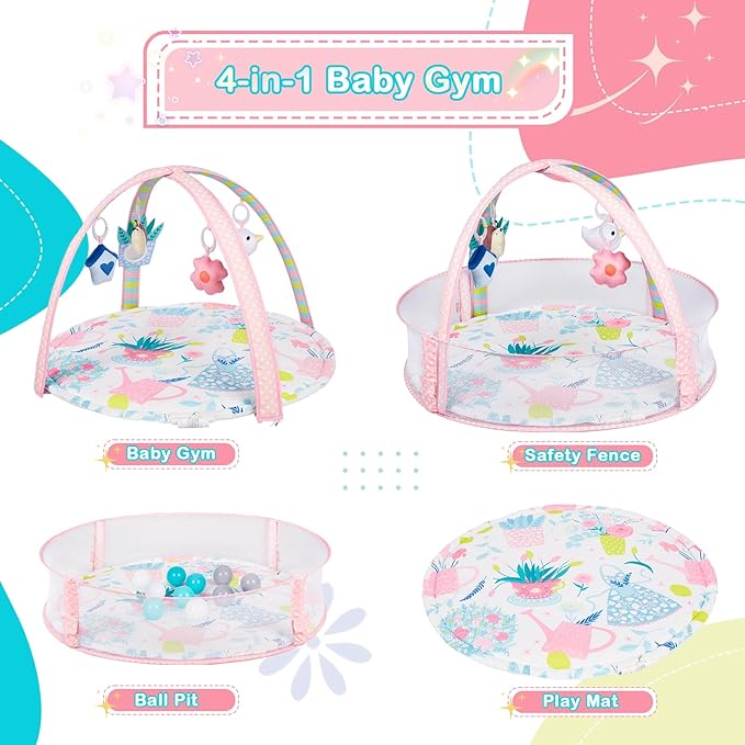 Baby Play Mat, 4-in-1 Baby Play Gym Tummy Time Mat with Ball Pit and 5 Detachable Toys for Newborn to Develop Sensory Exploration and Motor Skill 0-6-12 Months-CubbioJoy