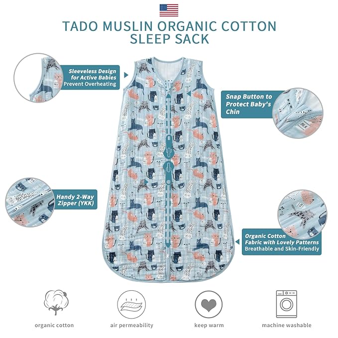 Baby Sleep Sack 2-4 T Baby Wearable Blanket 100% Organic Cotton 0.5 TOG Toddler Sleep Sacks 2- Way Zipper Soft 4 Layers 2T 3T 4T Kitten-CubbioJoy