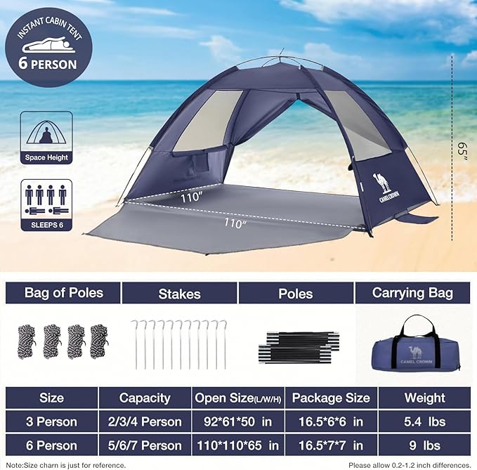 CAMEL CROWN Beach Tent UPF 50+ Sun Shelter for 2/3/5/6 Person, Lightweight Portable Sun Shade with Sand Anchor, Family Beach Day & Outdoor Adventures-CubbioJoy