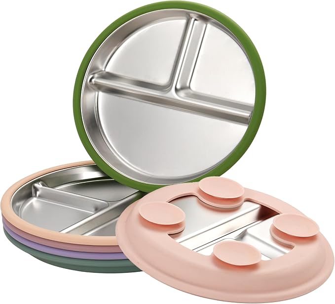 3Pack Stainless Steel Kids Plates, 8.1" Divided Toddler Plates with Removable Silicone Suction Sleeves for Baby Highchairs, Non Toxic BPA Free Non-Slip Unbreakable Snack Lunch Plate-CubbioJoy