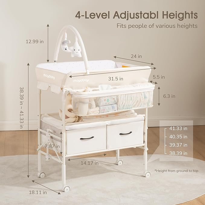 Baby Changing Table with Wheels, Maydolly Portable Foldable Changing Table, Waterproof Diaper Changing Station, Adjustable Height Changing Station, Mobile Nursery for Newborn and Infant (Beige)-CubbioJoy