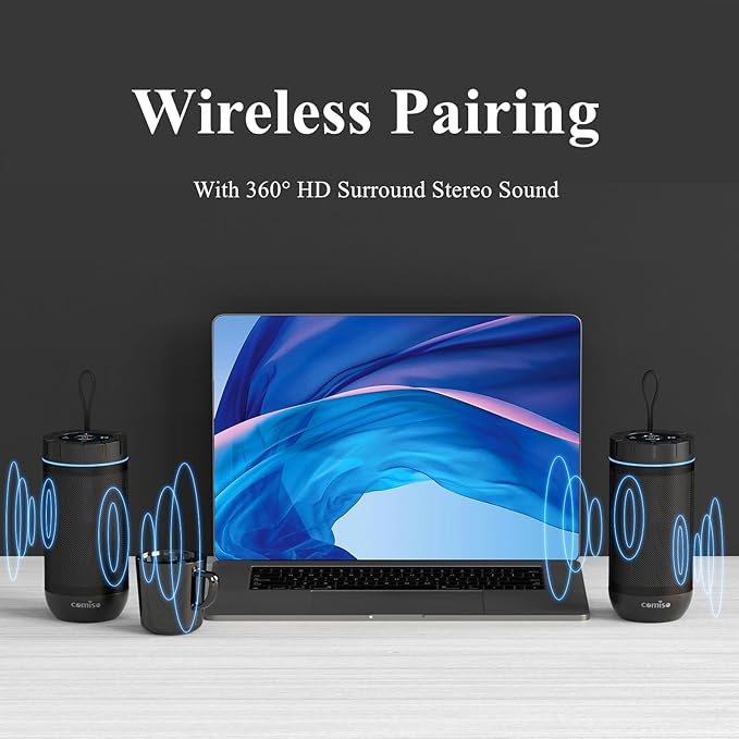 comiso Bluetooth Speaker, IP65 Waterproof Portable Speaker with 360° HD Stereo Sound, Punchy Bass, TWS Pairing, 24H Playtime, Wireless Speakers for Home/Outdoor/Camping/Beach, Gifts for Unisex-CubbioJoy