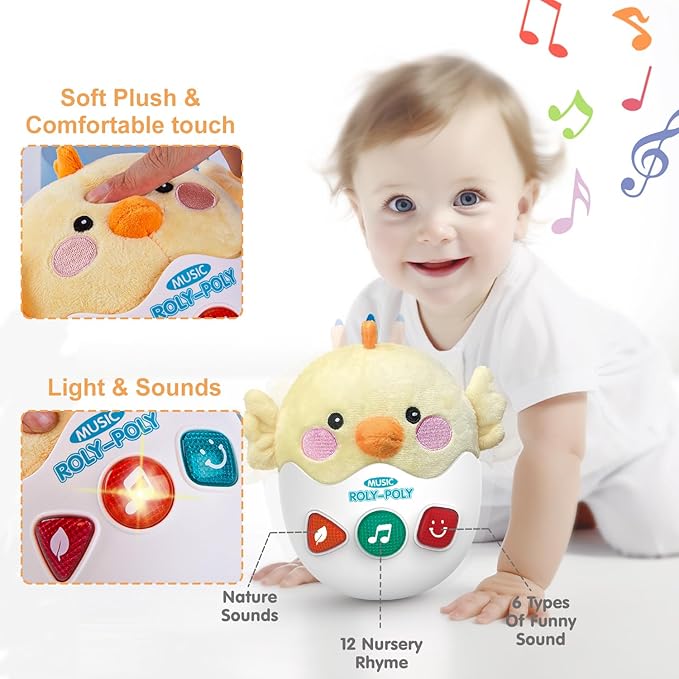 Baby Toys 0-6-12 Months, Chick Musical Plush Cute Stuffed Animal Infant Tummy Toys with Light & Sounds, Roly-Poly Sensory Toy Birthday Easter Egg Gift for Newborn Boys & Girls-CubbioJoy
