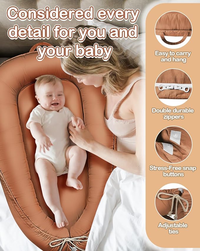 Baby Lounger - Infant Lounger for Newborn 0-24 Months, Pure Cotton Breathable Baby Nest Lounger Cover, Newborn Essentials for Baby Boys & Girls, Co Sleeper Portable Baby Bed for Home and Travel-CubbioJoy