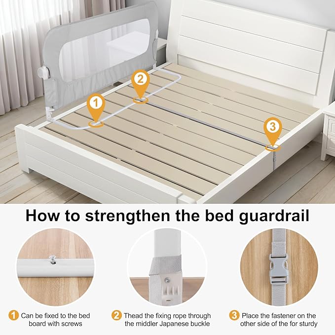 Bed Rail for Toddlers,Swing Down Kids Bed Rails Guard for Twin,Full,Queen,King,Bunk Size Bed,Extral Tall Child Bed Rail Guard with Reinforced Anchor Safety System (Grey, 59inch,1 Side)-CubbioJoy