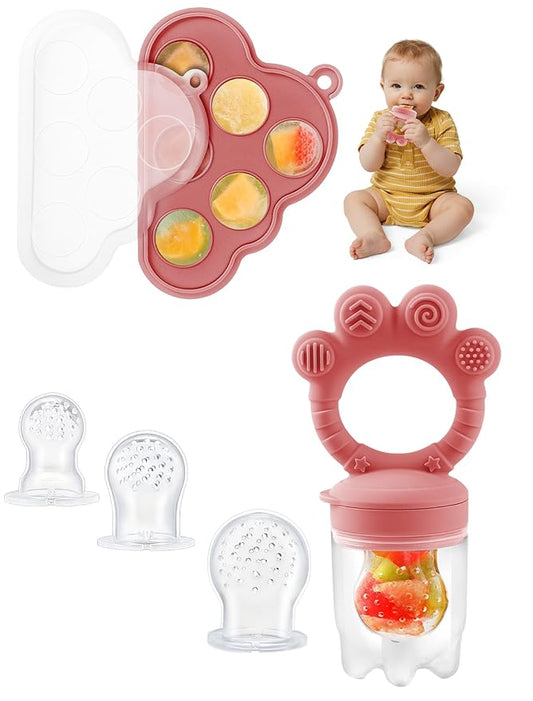 Breastmilk Popsicle Molds & Baby Fruit Food Feeder Pacifier, Silicone Baby Food Storage Containers, Baby Popsicle Molds Teething for Toddler Teething & Infant Self Feeding (Pink)-CubbioJoy
