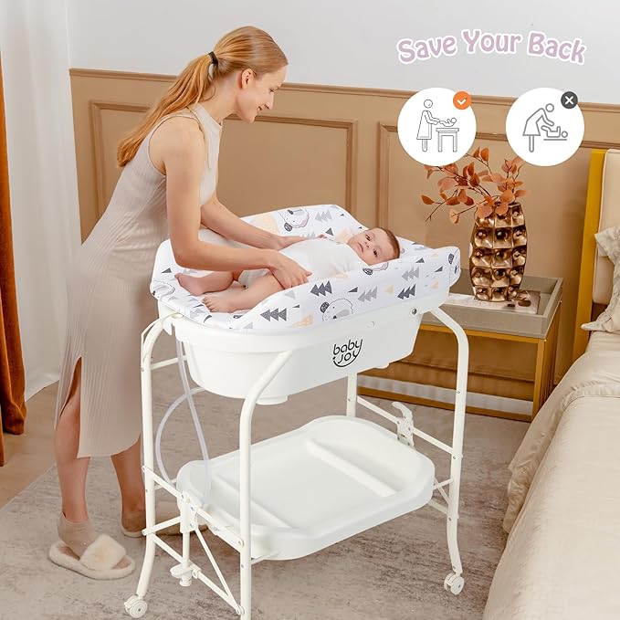 BABY JOY Baby Bathtub with Changing Table, Foldable Infant Diaper Changing Station with Storage Tray, Waterproof Pad, Portable Newborn Nursery Organizer Bath Stand with 4 Universal Wheels (White)-CubbioJoy