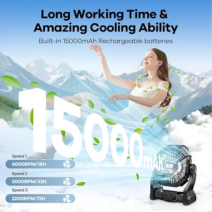15000mAh Portable Battery Powered Camping Fan - with LED Light, Quiet Battery Operated, Camping Gear for Travel, Tent, Beach, Car or Hurricane Power Outages，Black-CubbioJoy