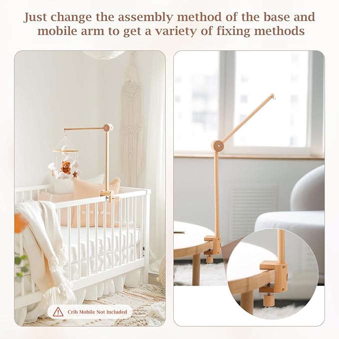Baby Crib Mobile Arm - Wooden Mobile Arm with Height Adjustable＆360° Rotatable Upgraded Arched Base Nursery Mobile Holder for Crib Mobile Hanger Baby Crib Attachment Nursery Decor-CubbioJoy