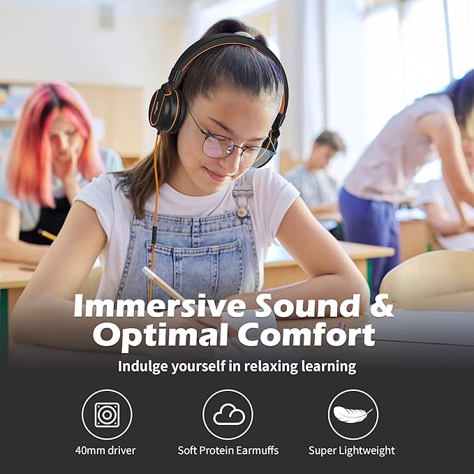 AILIHEN Kids Headphones, I35 On-Ear Headphones for School, Safe Volume 93dB, HD Mic Stereo Headphone for Kid Girls Boys, Foldable 3.5mm Wired for Chromebook, Laptop, Computer, Tablet (Black Orange)-CubbioJoy
