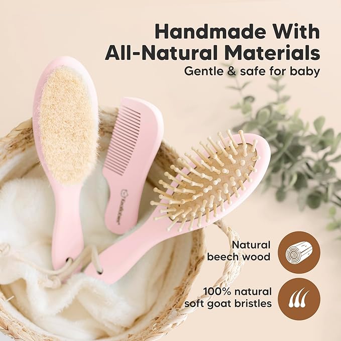 Baby Hair Brush and Comb Set for Newborn - Wooden Baby Hair Brush Set with Soft Goat Bristle, Baby Brush Set for Newborns, Baby Brush and Comb Set Girl, Boy, Toddler Cradle Cap Brush (Oval, Blush)-CubbioJoy