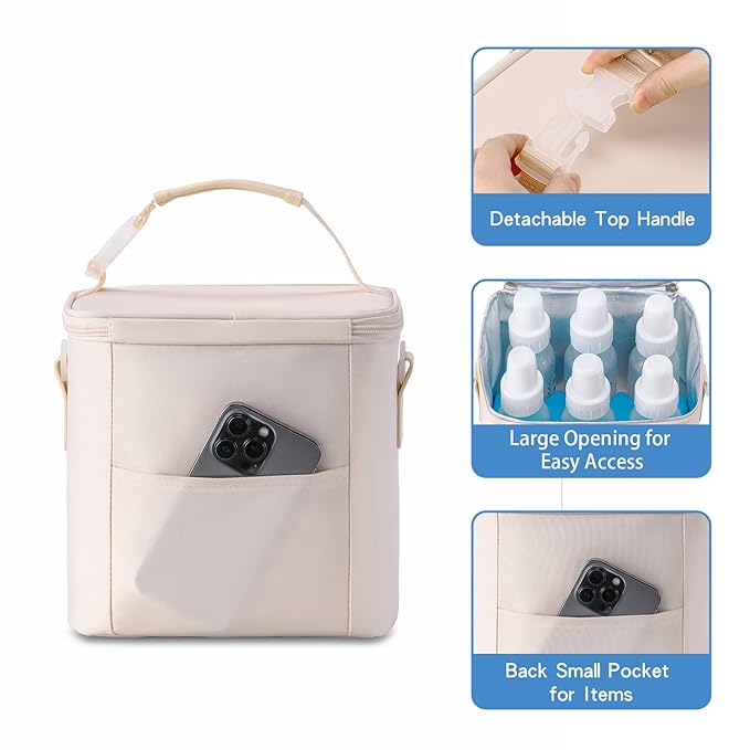 Breastmilk Cooler Bag with Ice Pack Fits 6 Baby Bottles Up to 9 Ounce, Baby Bottle Bag with Shoulder Strap for Nursing Mom Daycare, Cream-CubbioJoy