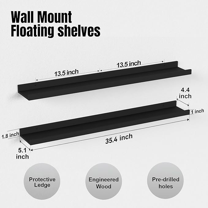 35.4 Inches Long Floating Shelves Wall Mounted, 2 Set Modern Black Wall Shelf for Bedroom, Nursery Book Shelf with Lip, Picture Ledge Shelf for Wall Decor Living Room Bathroom Kitchen- Black-CubbioJoy