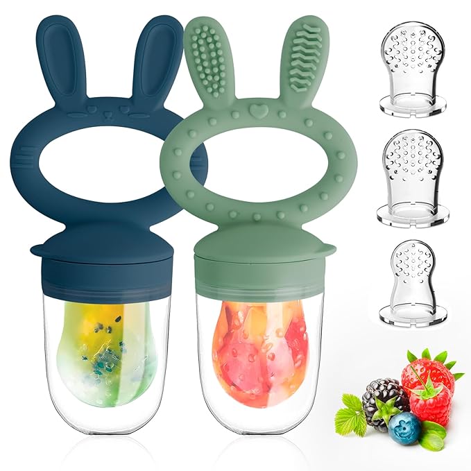 Baby Solids/Frozen Fruit Feeder Pacifier, Infant Teether Toy 4M+, BPA-Free Silicone Pouch & Nipple, Safely Introduce Solids, Teething Relief, 2-Pack - Blue/Green (Rabbit)-CubbioJoy