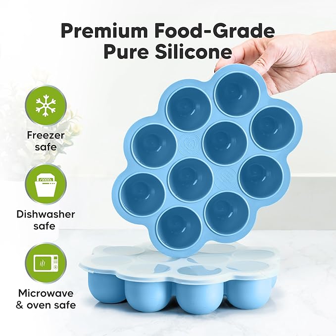 KeaBabies Silicone Food Freezer Trays with Lid, 2oz x 10 Pods Baby Food Storage Containers, Easy Puree Meal Prep, Breast Milk Silicone Freezer Molds, Dishwasher, Microwave Safe, BPA-Free (Misty Blue)-CubbioJoy