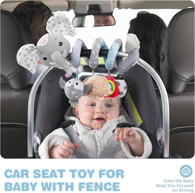 Jollybaby Baby Car Seat Stroller Toys, Plush Activity Hanging Spiral Activity Pram Crib with Music Box, Rattles, Squeaker for Babies Infant Boys Girls (SZ Gray Elephant)-CubbioJoy