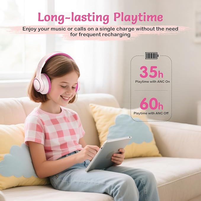 Active Noise Cancelling Headphones for Kids, 60H Playtime, Wireless Bluetooth Over-Ear Blue Headset Built-in Microphone for Home/School/Travel/Party - Includes Portable Case (Pink)-CubbioJoy