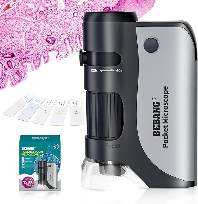 BEBANG Pocket Microscope,60X-120X Handheld Mini Microscope for Kids with LED Lighted Zoom, Portable Microscope Kits with 5 Pcs Slides for Adults Microbiological Observation Preschool Home Study Gifts-CubbioJoy