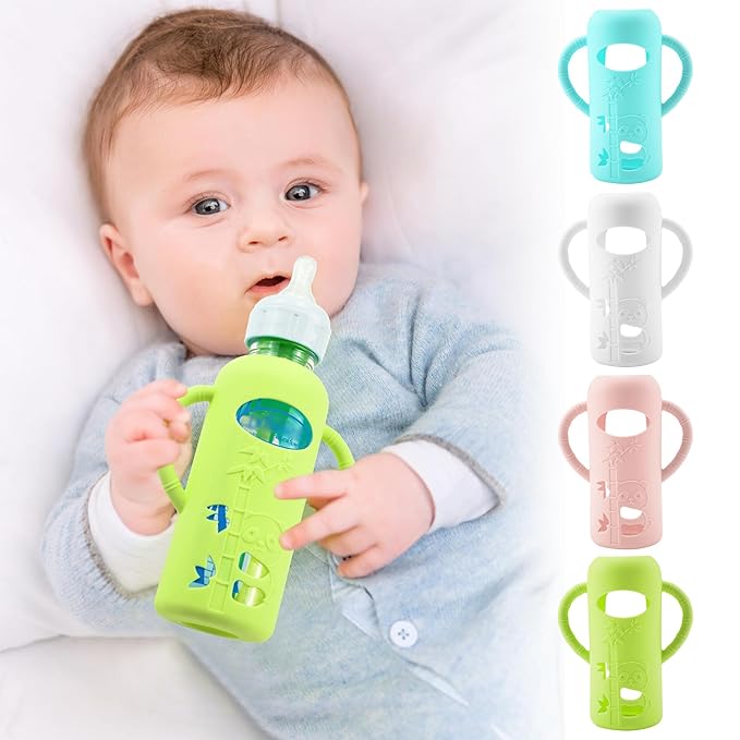 4 Pack Silicone Sleeves for Dr. Brown's Glass Baby Bottles, Anti Breakage Durable Baby Bottle Holder with Easy Grip Handles, Narrow Sleeve with a Cutout, Dishwasher/Freezer/Microwave Safe, 8 oz-CubbioJoy