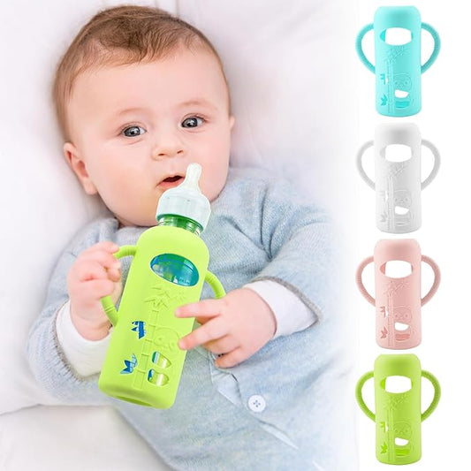 4 Pack Silicone Sleeves for Dr. Brown's Glass Baby Bottles, Anti Breakage Durable Baby Bottle Holder with Easy Grip Handles, Narrow Sleeve with a Cutout, Dishwasher/Freezer/Microwave Safe, 8 oz-CubbioJoy