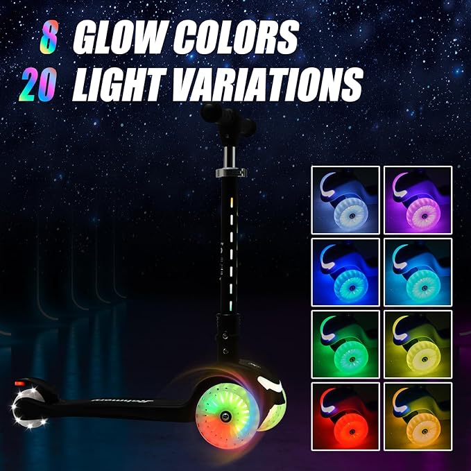 3-Wheel Light-Up Kids Scooter, 20 Different Light Patterns,Three Adjustable Heights,Lean to Steer, Balance Scooter for Ages 3-8-CubbioJoy