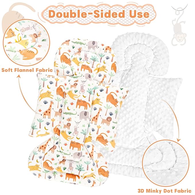 Infant Car Seat Insert, Soft Baby Car Seat Head & Body Support for Girl Boy, Reversible Newborn Preemie Carseat Insert Cushion with 3 Straps Pads Fits CarSeat, Stroller, Swing, Bouncer, Animals-CubbioJoy
