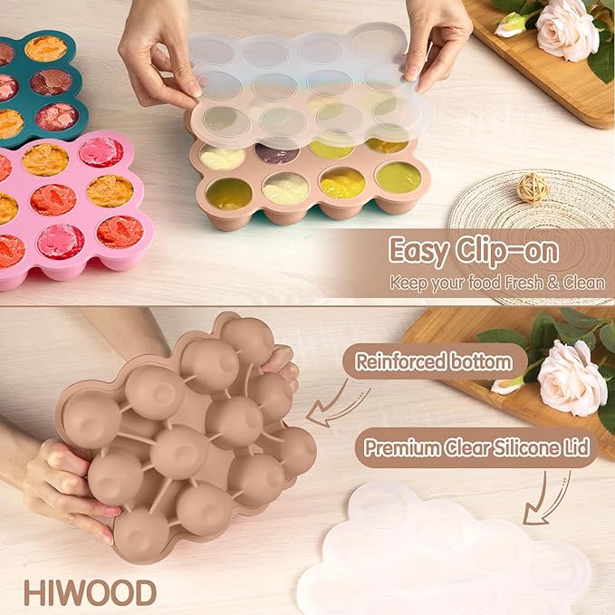 Baby Food Storage 12 x 1.5OZ Silicone Freezer Tray with Lid, Food Grade Silicone Containers for Purees & Vegetables Light Brown-CubbioJoy