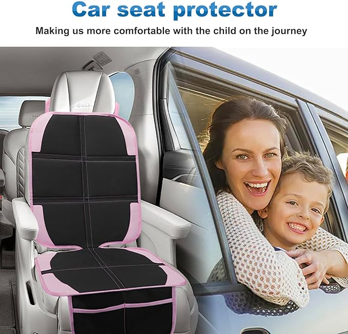 Child Car Seat Protector, 2 Pack with Mesh Pockets & Non-Slip Backing, 600D Durable (Pink, Standard)-CubbioJoy