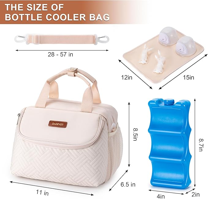 Breastmilk Cooler Bag with Ice Pack Fits 6 Baby Bottles up to 9 Ounce, Wearable Breast Pumps Cooler Bag for Nursing Mom Daycare, Work, Travel- White-CubbioJoy