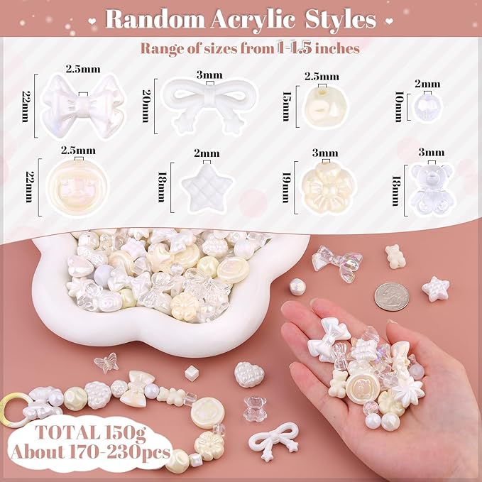 Assorted 170-230PCS White Acrylic Beads for Bracelet Making, Flower Bow Butterfly Candy GummyBear Aesthetic Bracelet Charms,Cute Beads for Jewelry Making DIY Necklace Keychain Phone Charm-CubbioJoy
