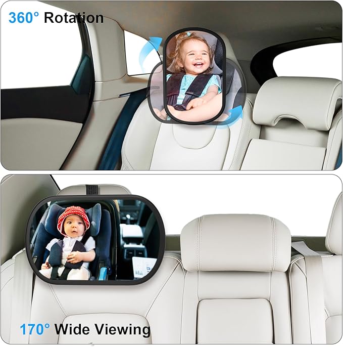 Baby Car Mirror, Safety Car Seat Mirror for Rear Facing Infant, Clear Wide View, 360°Rotation, Easily Observe the Baby Move, Secure, Shatterproof, Crash Tested and Certified (Black)-CubbioJoy