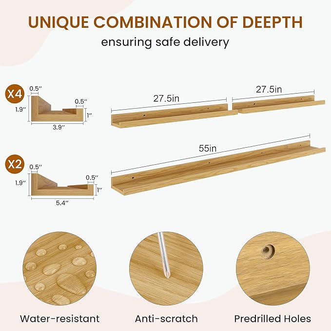 Axeman Picture Ledge Shelf, Floating Shelves for Wall Decor Storage Set of 6, 55 inch Floating Wall Mounted Shelves, Shelves with Lip for Living Room, Bedroom, Nursery, Bathroom, Kitchen, Oak-CubbioJoy