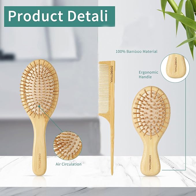 Bamboo Hair Brush Set - Natural Bamboo Paddle Detangling Hairbrush and Comb Set, Suit for Thick/Thin -Gift for Women Men and Kids-CubbioJoy