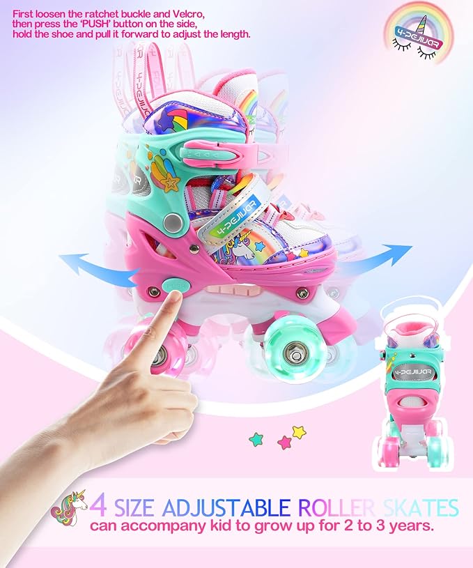 4-Pejiijar Rainbow Unicorn Kids Roller Skates for Girls Toddler Ages 2-4 5-8 8-12,Adjustable Roller Shoes with Luminous Wheels for Birthday Xmas Gifts-CubbioJoy