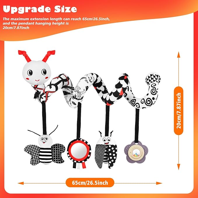 Car Seat Toys for Babies, 0-6 Months Stroller Activity Black White Baby Spiral Plush Toys Newborn High Contrast Sensory Carseat Toys with 4 Pendants Hanging Boys Girls Gift-CubbioJoy