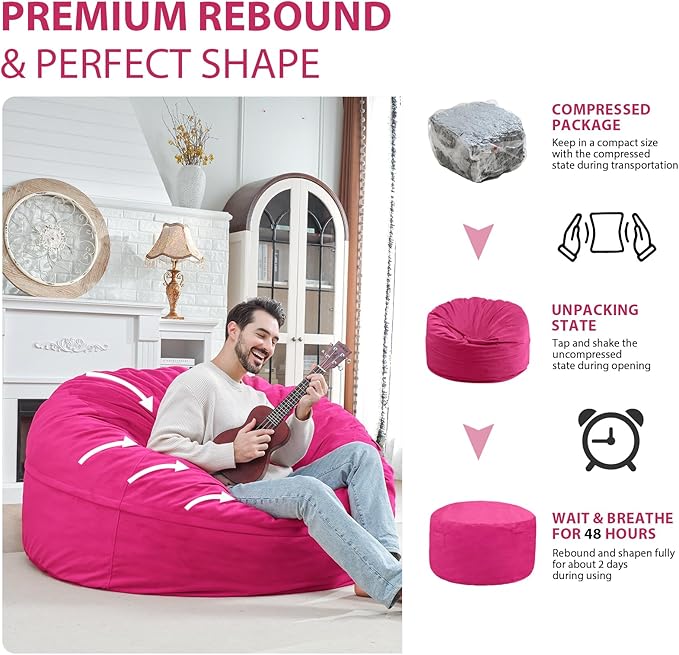 5FT Bean Bag Chair, Large Bean Bag Chairs with Memory Foam Filled, Fluffy Beanbag Sofa with Dutch Velvet Cover, Round BeanBag Chairs for Living Room, Playroom - Pink-CubbioJoy