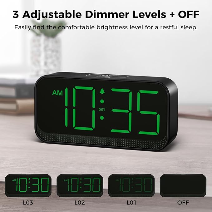 Battery Operated Digital Clock: Cordless Small Alarm Clock for Bedroom Travel - Large Numbers 4 Dimmers for All Ages Green Digits-CubbioJoy