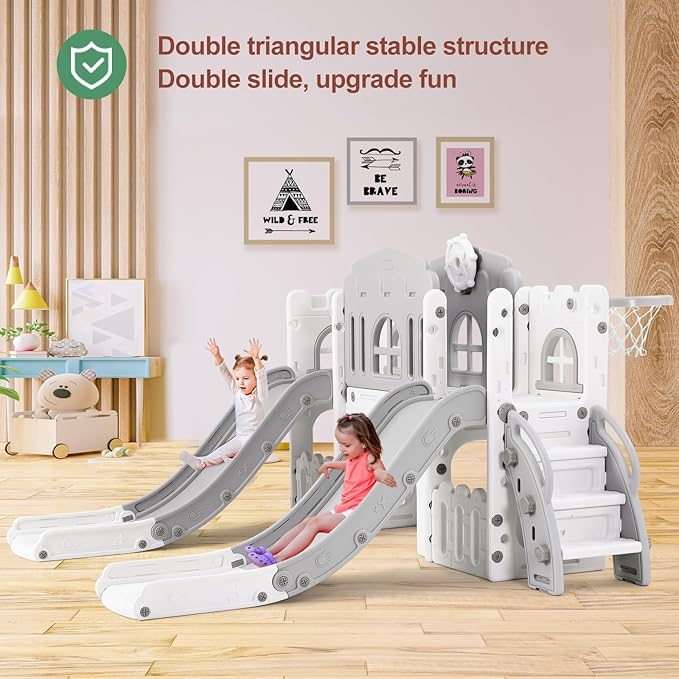 JOYLDIAS 9 in 1 Toddler Slide, Toddler Playground with Double Slides, Climber,Basketball Hoop,Tunnel, Telescope, Storage Space and Non-Slip Step, Indoor Outdoor Backyard Playset for Toddlers Age 1-3+-CubbioJoy