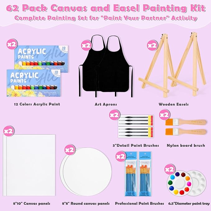Date Night Painting Kit, 62 Pcs Detail Paint Brushes Canvas Panels with Wood Easel 12 Colors Acrylic Paint, Circular Canvas Art Aprons Sip and Paint Supplies for Adults, Kids, and Beginner-CubbioJoy