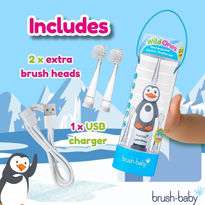 brush-baby WildOnes Kids Electric Rechargeable Toothbrush Penguin, 1 Handle, 3 Brush Heads, USB Charging Cable, for Ages 0-10 (Penguin)-CubbioJoy
