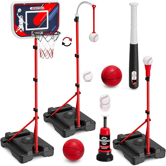 4 in 1 Kids Basketball Hoop and Tball Set for Toddlers 3-5, Adjustable Hanging Tee Ball Stand with Automatic Baseball Pitching Machine, Indoor Outdoor Sport Toys Birthday Gifts for Boys Girls-CubbioJoy