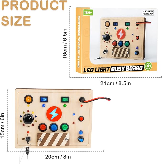 Joyreal Montessori Busy Board Wooden Sensory Toys for Toddler with LED Light Up Switch, Baby Fidget Board Travel Toys for 18+ Months, 1 2 3 Year Old Boys Girls Toddler Toy Gifts (Mixed Lights)-CubbioJoy